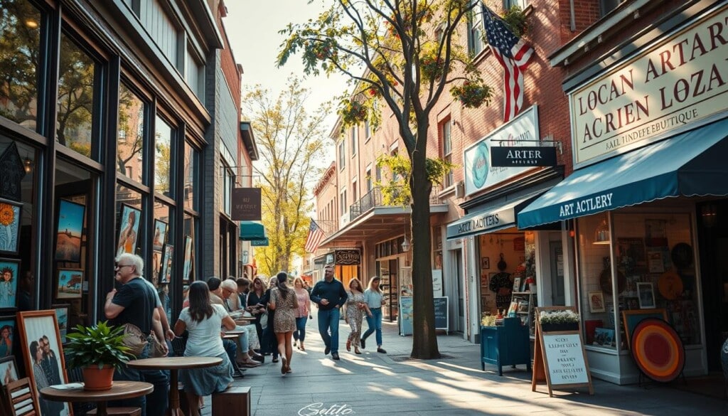 A vibrant street scene showcasing the symbiotic relationship between local businesses and art initiatives. In the foreground, a trendy cafe with floor-to-ceiling windows displays local artwork adorning its walls, drawing in a diverse crowd of art enthusiasts and patrons. In the middle ground, a community art gallery with an eye-catching mural on its facade, its doors open to welcome visitors. In the background, small independent boutiques and specialty shops, their facades adorned with handpainted signs and window displays highlighting the work of talented local artists. Warm afternoon light filters through, casting a golden glow over the bustling scene, capturing the spirit of a thriving creative community.