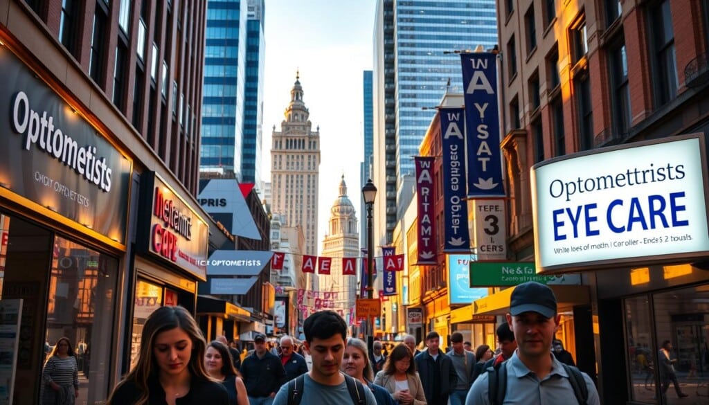 A vibrant street scene with a bustling city sidewalk. In the foreground, a group of people are walking past storefronts, their faces focused and determined. In the middle ground, several well-lit signs and banners advertise "Optometrists" and "Eye Care" in bold, eye-catching typography. The background features a blend of modern high-rise buildings and historic architecture, bathed in warm, golden afternoon sunlight. The atmosphere is one of energy and purpose, conveying the idea of individuals actively seeking out the best local optometrists to address their vision needs.