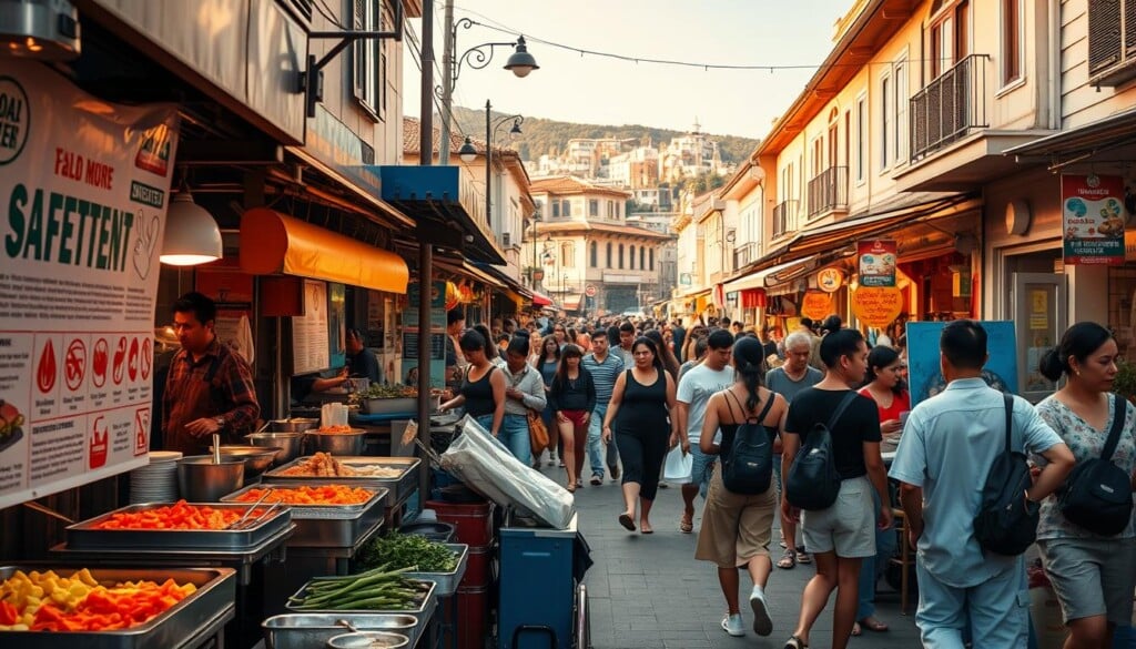 A vibrant street scene with an array of local food stalls, showcasing safety guidelines for enjoying street food. In the foreground, an eye-catching display of colorful ingredients, sizzling grills, and signage highlighting cleanliness and hygiene practices. The middle ground features a diverse crowd of food enthusiasts, casually perusing the offerings with a sense of anticipation. In the background, a bustling urban landscape with quaint buildings and a warm, inviting atmosphere. Soft, natural lighting illuminates the scene, casting a golden glow and creating a welcoming ambiance. Captured with a wide-angle lens to convey the energy and liveliness of the street food experience.