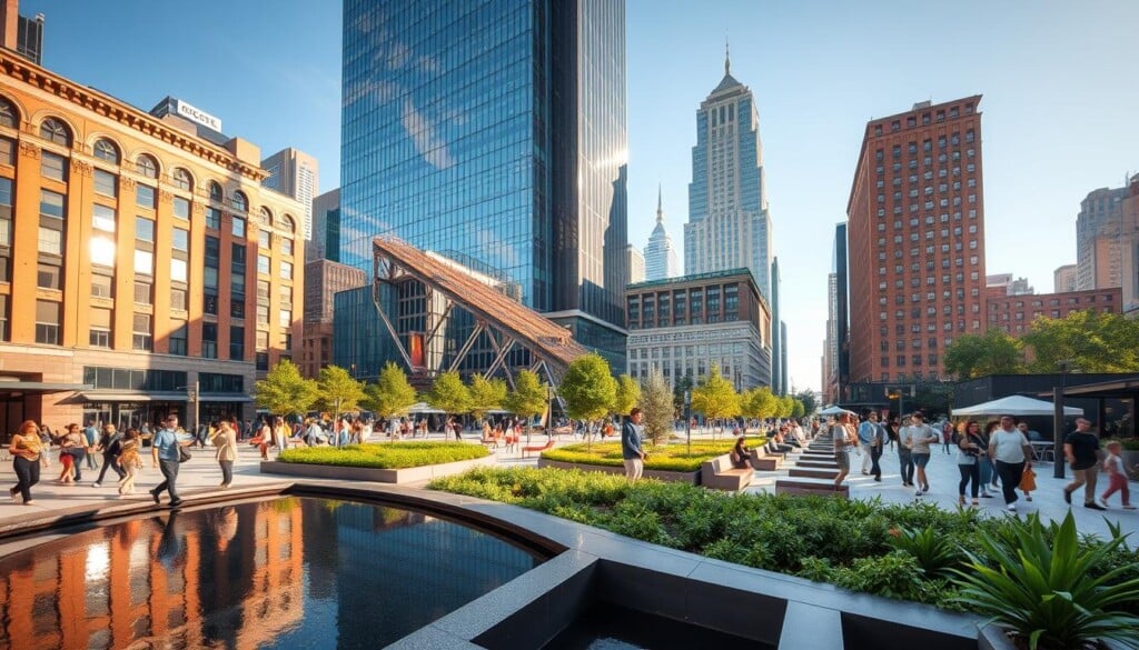 A vibrant, sun-dappled public plaza, bustling with life and activity. In the foreground, a sleek, modern water feature reflects the towering glass facades of surrounding skyscrapers. Lush greenery and stylish seating areas fill the middle ground, inviting passersby to linger and explore. The background showcases a mix of architectural styles, from historic brick buildings to cutting-edge, sustainable designs. The scene is illuminated by warm, natural lighting, creating a welcoming and harmonious atmosphere that embodies the spirit of innovative, people-centric public spaces.