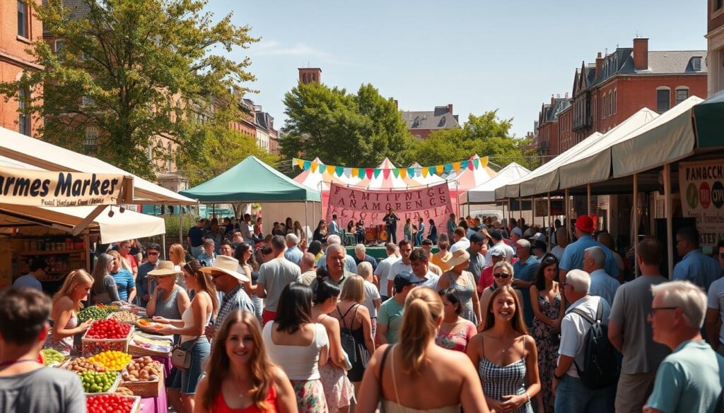 A vibrant, sun-drenched farmers market scene. In the foreground, a lively crowd peruses stalls overflowing with fresh produce, artisanal treats, and handmade crafts. Animated conversations and laughter fill the air, as shoppers engage with friendly vendors. In the middle ground, a stage hosts a local musical performance, drawing a captivated audience. Tents and banners in a rainbow of colors dot the landscape, creating a festive atmosphere. In the background, historic buildings and leafy trees frame the bustling event, evoking a sense of community and togetherness. Warm, diffused lighting casts a golden glow, enhancing the inviting ambiance.