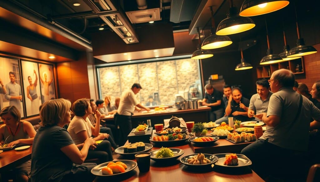A vibrant sushi restaurant interior, bathed in warm, inviting lighting. In the foreground, a group of local community members engaged in lively conversation over plates of expertly crafted sushi. The middle ground features a sushi chef skillfully preparing a variety of rolls, his movements captured in a dynamic motion blur. The background reveals a large, communal dining table where friends and neighbors gather, fostering a sense of togetherness and shared culinary experiences. The atmosphere is one of conviviality, cultural exchange, and a deep appreciation for the art of sushi-making.