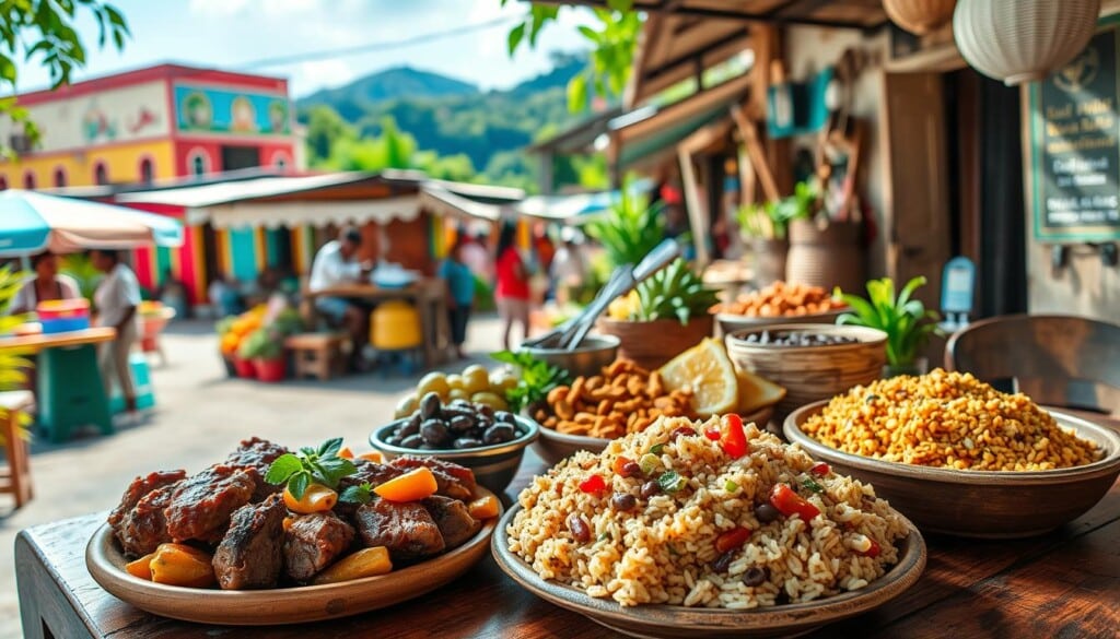 A vibrant tableau of Haitian culinary delights, captured in a sun-dappled setting. In the foreground, a selection of lesser-known Haitian specialties - flavorful griot (fried pork), savory legumes, and fragrant Creole rice - artfully arranged on a rustic wooden table. The middle ground features a bustling open-air market, with vendors selling an abundance of tropical fruits, fresh spices, and rich coffee beans. In the background, a glimpse of brightly painted buildings and lush, verdant foliage, conveying the vibrant culture and lush landscapes of Haiti. Soft, warm lighting bathes the scene, evoking the welcoming atmosphere of a hidden gem Haitian eatery.
