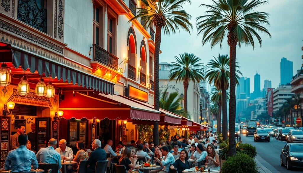 A vibrant tableau of renowned Lebanese restaurants, their ornate facades and lush outdoor seating areas bathed in warm, golden light. In the foreground, a bustling scene of diners savoring authentic Middle Eastern cuisine, their conversations and laughter filling the air. The middle ground showcases the architectural details of these establishments, intricate tilework, and ornamental arches that evoke the rich cultural heritage of Lebanon. In the background, a bustling urban streetscape, with towering palm trees and the distant silhouettes of skyscrapers, creating a sense of place and context. The overall atmosphere is one of conviviality, culinary excellence, and a celebration of Lebanese gastronomic traditions.