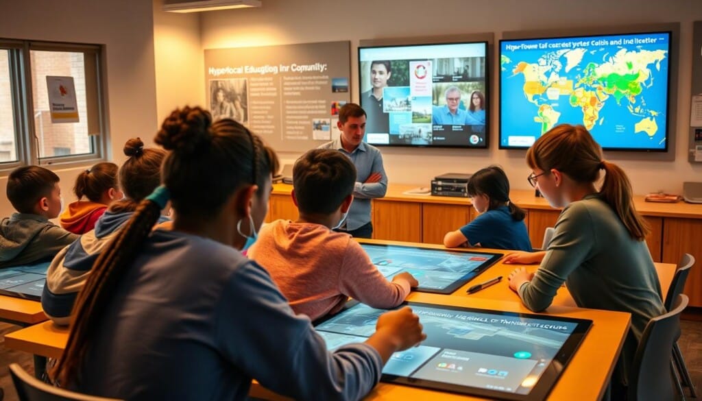 A vibrant, tech-forward classroom setting showcases the power of hyperlocal digital platforms in education. In the foreground, students huddle around interactive touchscreens, exploring personalized learning modules tailored to their needs. The middle ground features an instructor guiding discussions, seamlessly integrating real-time data insights from local community resources. In the background, a wall-mounted display highlights geographically relevant news, events, and collaborations, fostering a sense of hyperlocal engagement and civic pride. Warm, natural lighting illuminates the scene, creating an atmosphere of discovery and exploration. The overall composition conveys the synergy between technology, community, and the evolving landscape of 21st-century education.