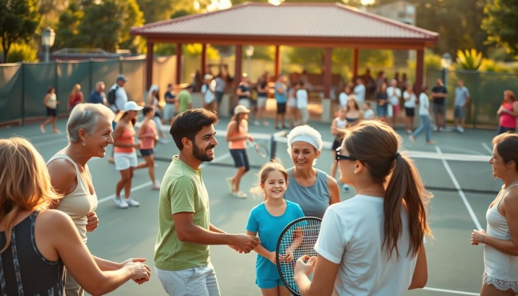 A vibrant tennis court filled with diverse players of all ages, showcasing the community spirit of the sport. In the foreground, a group of friends engaged in a lively match, their faces alight with joy and camaraderie. The middle ground features a mix of seasoned players offering coaching and encouragement to younger enthusiasts, fostering a mentorship dynamic. In the background, a bustling outdoor pavilion serves as a hub for post-game socializing, where families and spectators gather to share refreshments and celebrate the shared love of tennis. The scene is bathed in warm, golden sunlight, creating a sense of welcoming and togetherness, exemplifying the power of community engagement through this beloved sport.