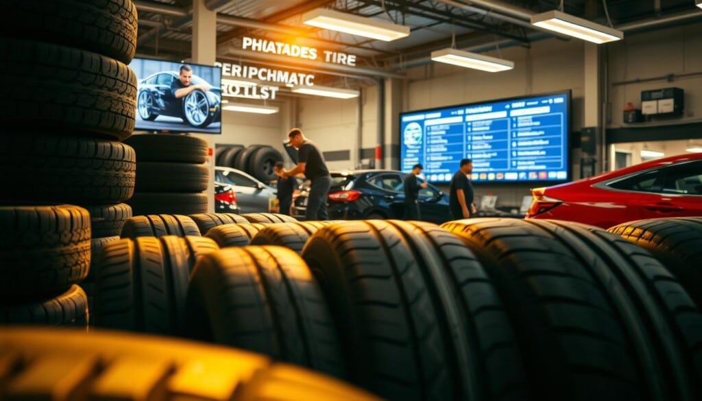 A vibrant tire shop nestled in a bustling city, captured through the lens of a wide-angle camera. In the foreground, an array of premium tires stands ready, their treads and sidewalls gleaming under the warm, natural lighting. The middle ground showcases a team of skilled technicians efficiently servicing vehicles, their movements fluid and precise. In the background, a digital display board showcases the various services offered, from tire rotations to alignments, all enhanced by a sleek, modern design. The overall atmosphere conveys a sense of professionalism, reliability, and a commitment to providing a seamless, customer-centric experience.