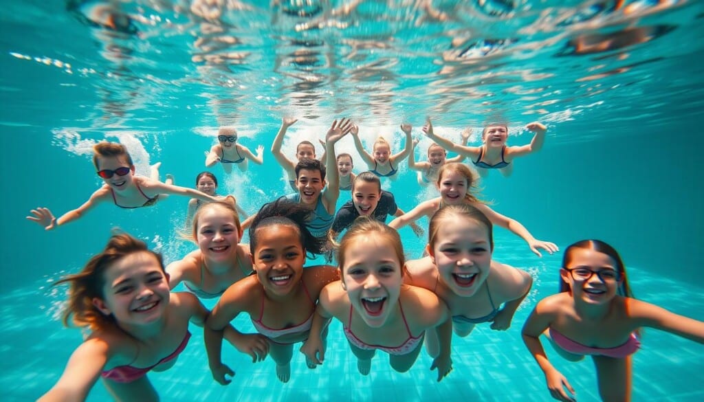A vibrant underwater scene captures the joyful success stories of swimmers at the Elite Swim School. In the foreground, a group of diverse swimmers, their faces beaming with pride, gracefully glide through crystal-clear turquoise waters. The middle ground reveals a mix of skillful strokes and synchronized movements, as students of all ages and abilities showcase their newfound confidence. In the background, a sun-dappled pool setting, with sleek tiles and modern architecture, creates a welcoming and inspiring atmosphere. The lighting is soft and natural, casting a warm glow on the triumphant expressions of the swimmers, who embody the school's mission of helping everyone learn to swim with ease and enjoyment.
