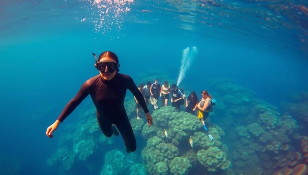 A vibrant underwater scene showcasing the "Free Diving Services with LocalZ". In the foreground, a free diver emerges from the crystal-clear azure waters, donning a sleek wetsuit and mask. The diver's graceful movements create mesmerizing ripples on the surface. In the middle ground, a group of local guides provide safety instructions and equipment to a diverse group of participants, fostering a sense of community and adventure. The background is dominated by a stunning coral reef teeming with vibrant marine life, creating a breathtaking and immersive atmosphere. Warm, diffused sunlight filters through the water, casting a warm glow and highlighting the serene, tranquil mood of the scene.