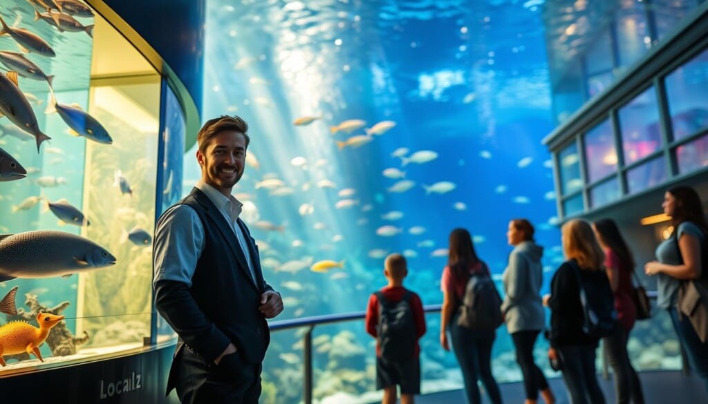 A vibrant underwater scene where LocalZ, a friendly aquarium concierge, assists visitors with aquarium services. In the foreground, LocalZ stands by a large, illuminated aquarium, dressed in a crisp uniform and offering guidance to a group of curious patrons. The middle ground showcases diverse marine life swimming gracefully, creating a mesmerizing display. In the background, the aquarium's sleek, modern architecture frames the scene, with natural light filtering through large windows, casting a warm glow over the serene environment. The overall atmosphere exudes a sense of wonder, education, and the joy of exploring the vibrant underwater world.
