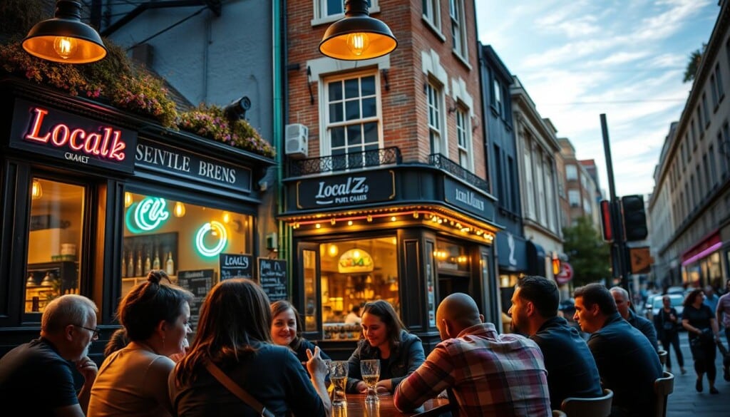A vibrant urban scene depicting LocalZ, a digital platform, connecting with local pubs. In the foreground, a group of friends gather around a cozy pub table, their faces lit by the warm glow of hanging pendant lights. In the middle ground, the pub's facade stands proud, its historic architecture juxtaposed with neon signs and a chalkboard menu. In the background, the bustling city streets are visible through large windows, hinting at the wider community that LocalZ aims to bring together. The overall atmosphere is one of conviviality, where technology and tradition seamlessly intersect to create a sense of local connection and shared experience.