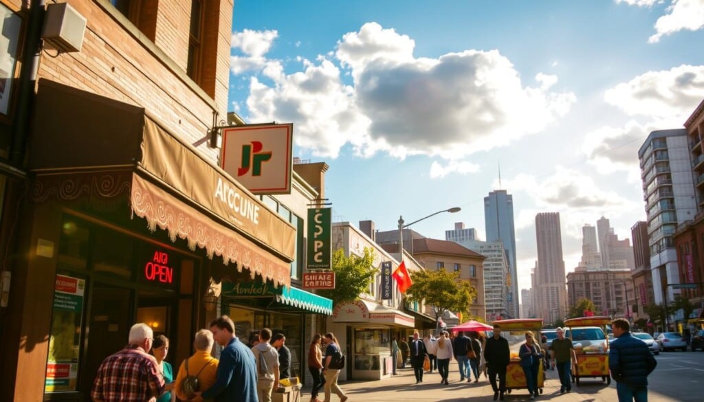 A vibrant urban street scene, lit by warm afternoon sunlight. In the foreground, a group of people are gathered around a cozy Afghan restaurant, its facade adorned with traditional motifs and a neon "Open" sign. Middle ground features a bustling sidewalk, with pedestrians walking past colorful storefronts and food carts. The background showcases a dynamic cityscape, with skyscrapers and billowing clouds against a clear blue sky. The overall mood is one of discovery and cultural immersion, inviting the viewer to explore the diverse culinary offerings of the neighborhood.