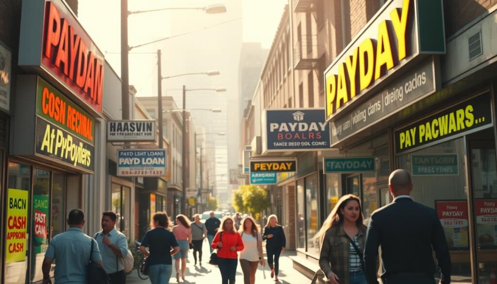 A vibrant urban street scene with a row of small local businesses, each offering payday loan services. Storefront signs feature bold typography and eye-catching neon lights, drawing attention to their fast approval and cash access. Pedestrians hurry by, some peering curiously at the establishments. Warm, late afternoon sunlight filters through, casting soft shadows and a welcoming glow. The overall atmosphere conveys a sense of financial convenience and accessibility, though perhaps with an underlying tone of necessity and potential exploitation. Captured with a wide-angle lens to showcase the full streetscape, the image aims to depict the ubiquity of these types of businesses within a typical city landscape.