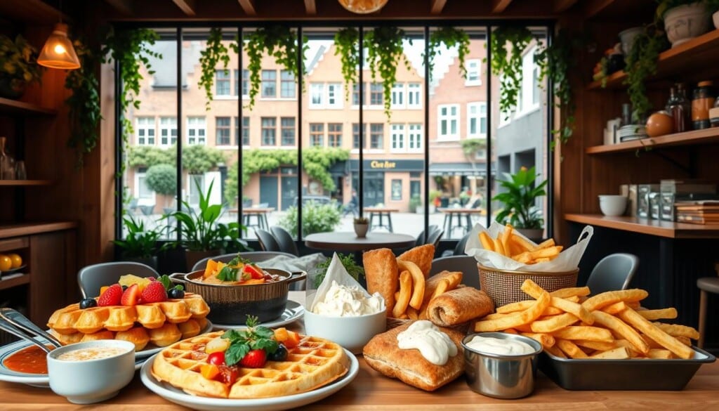 A vibrant vegan Belgian feast set against a cozy, inviting cafe interior. In the foreground, a spread of traditional Belgian dishes made with plant-based ingredients - hearty stews, fluffy waffles topped with fresh fruits, and crisp fries served with creamy dipping sauces. The middle ground showcases a charming cafe setting with warm lighting, wooden accents, and lush greenery cascading from shelves. In the background, a large window frames a picturesque Belgian street scene, with charming brick buildings and cobblestoned paths. The overall atmosphere evokes a sense of comfort, community, and a celebration of Belgium's rich culinary heritage through a vegan lens.