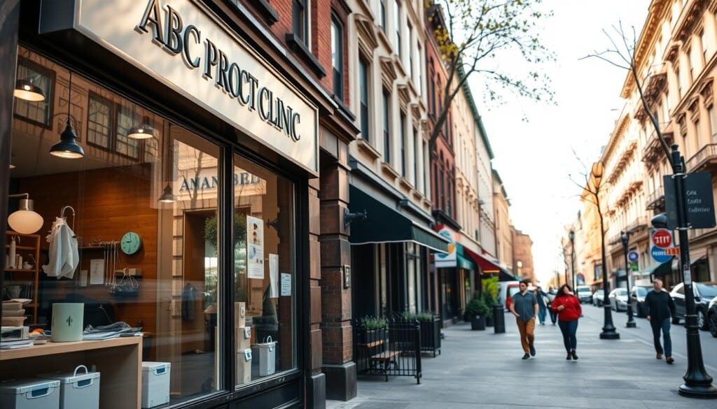 A vibrant, well-lit city street scene, with a prominent storefront sign reading "ABC Proctology Clinic" in the foreground. The storefront is adorned with large windows showcasing various medical instruments and a warm, inviting interior. In the middle ground, pedestrians casually stroll along the sidewalk, while in the background, a row of neighborhood shops and brownstone buildings create a lively urban landscape. The overall mood is one of professionalism, accessibility, and community healthcare.