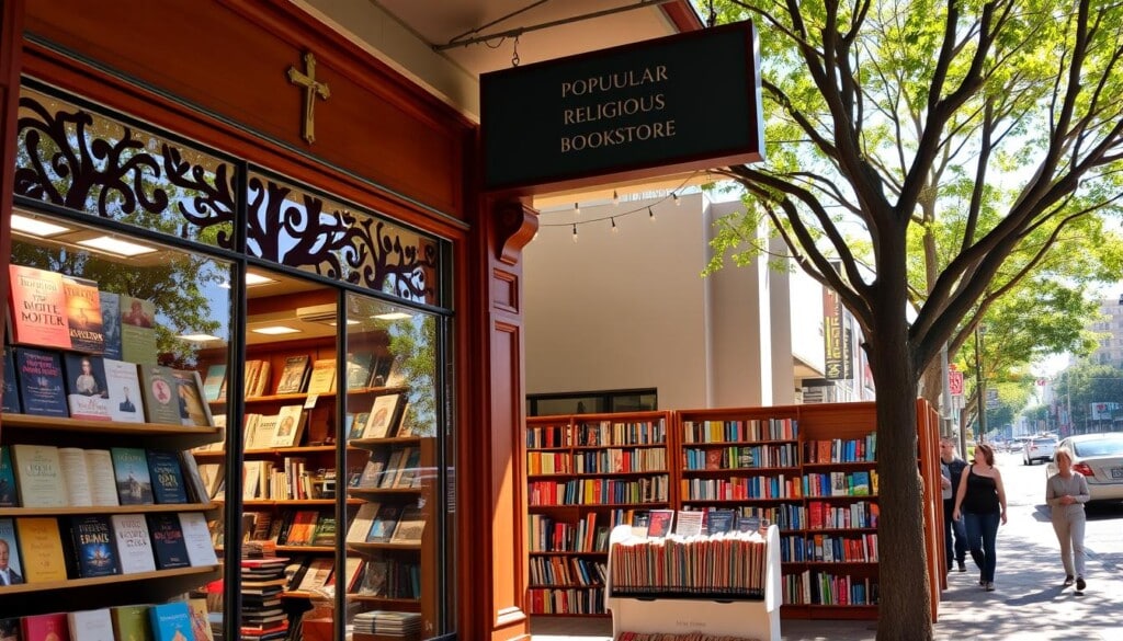 A vibrant, well-lit exterior of a popular religious bookstore, with an inviting storefront featuring a mix of classic and contemporary book covers in the display windows. The entrance is framed by warm, wooden accents and decorative religious symbols, creating a welcoming atmosphere. The middle ground showcases rows of neatly organized bookshelves, their spines offering a variety of spiritual, theological, and inspirational titles. In the background, a serene, sun-dappled street scene with pedestrians and cars passing by, establishing the bookstore's place within a thriving, diverse community.