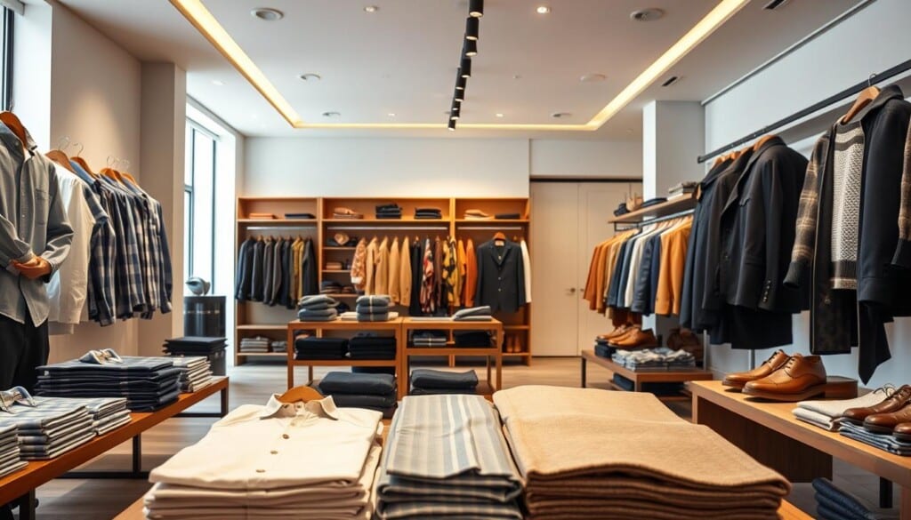 A vibrant, well-lit interior of a modern men's clothing store. The foreground features tastefully arranged displays of neatly folded casual apparel - crisp button-down shirts, well-fitted chinos, and stylish knitwear. The middle ground showcases a diverse selection of trendy jackets and coats, complemented by a selection of accessories such as leather belts and smart-casual footwear. The background depicts a sleek, minimalist space with clean lines, warm lighting, and a subtle color palette that enhances the overall sophisticated ambiance. The scene evokes a sense of contemporary style and elevated yet approachable fashion.