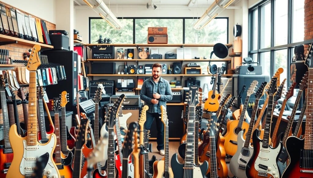 A vibrant, well-lit interior of a modern music shop, showcasing a diverse array of instruments, amps, and accessories. The foreground features a display of various guitars, each with distinct designs and finishes, inviting customers to explore. In the middle ground, a knowledgeable sales associate stands ready to assist, surrounded by shelves stocked with sheet music, recording equipment, and other music-related merchandise. The background frames the scene with large windows, allowing natural light to flood the space and create a warm, welcoming atmosphere. The overall composition conveys a sense of discovery and inspiration, encouraging visitors to find the perfect tools to pursue their musical passions.