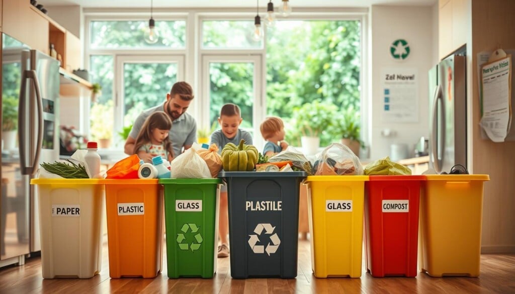 A vibrant, well-lit kitchen interior with an open, airy feel. In the foreground, a family diligently sorting and separating recyclables into clearly labeled bins - paper, plastic, glass, and compost. The middle ground showcases reusable grocery bags, a compost bin, and an energy-efficient appliance. The background features energy-saving light bulbs, a window overlooking a lush, green garden, and a calendar highlighting upcoming recycling pickup days. The overall atmosphere conveys a sense of environmental responsibility and a commitment to sustainable living.