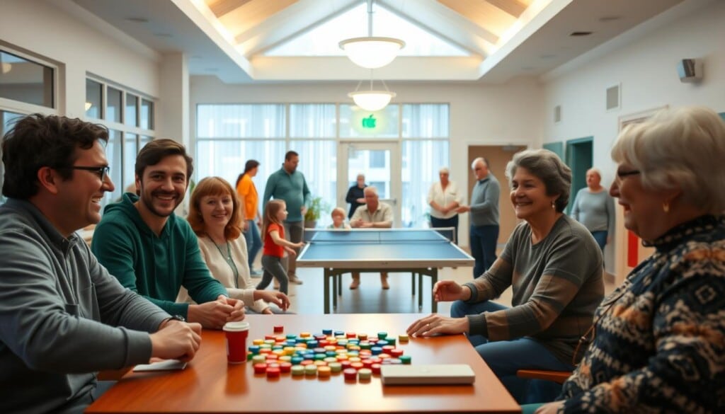 A vibrant, well-lit leisure center interior with a diverse group of people engaged in various social activities. In the foreground, a group of friends laughing and chatting as they play a board game at a cozy table. In the middle ground, a family of four happily playing table tennis, their faces lit with smiles. In the background, a group of seniors participating in a gentle yoga class, their movements graceful and serene. The overall atmosphere is one of warmth, community, and shared enjoyment, captured through a wide-angle lens that showcases the inviting and inclusive nature of the leisure center space.