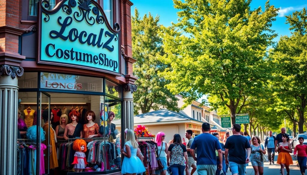 A vibrant, well-lit storefront displays a lively directory for "LocalZ Costume Shop". The front facade features an ornate sign with elegant script, framed by intricate architectural details. In the foreground, a dynamic window display showcases a diverse array of colorful costumes, wigs, and accessories, enticing passersby. The middle ground depicts the bustling sidewalk, with pedestrians of all ages admiring the captivating merchandise. Lush greenery and a clear blue sky fill the background, creating a warm, welcoming atmosphere. The overall scene conveys a sense of community, creativity, and local entrepreneurship.