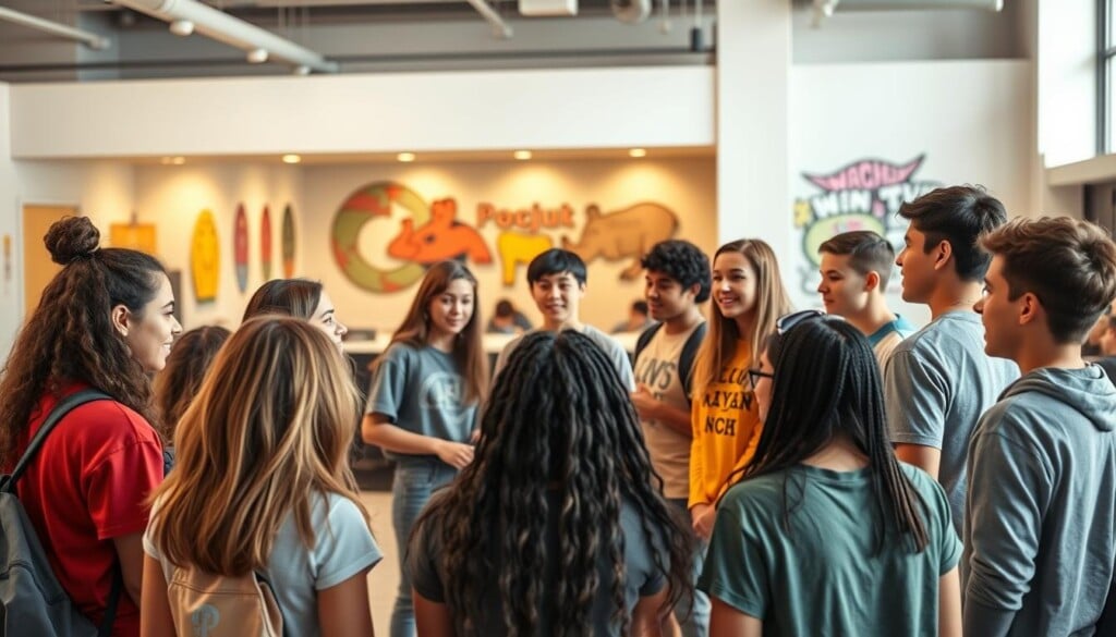A vibrant, youthful scene set in a modern community center. In the foreground, a diverse group of teenagers engaged in lively discussions, their faces animated with enthusiasm. In the middle ground, a facilitator leading an interactive workshop, guiding them through team-building exercises. The background reveals a spacious, well-lit space with colorful murals on the walls, conveying a sense of creativity and possibility. Warm, soft lighting casts a welcoming glow, and the overall atmosphere is one of energy, collaboration, and a shared sense of purpose.