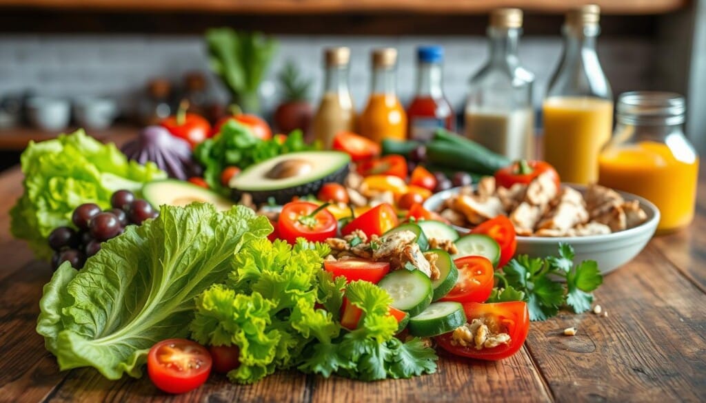 A visually appealing arrangement of fresh, vibrant salad ingredients on a rustic wooden table, illuminated by soft, natural lighting. In the foreground, an array of colorful veggies, including crisp romaine lettuce, juicy tomatoes, crunchy cucumbers, and vibrant bell peppers, invitingly displayed. The middle ground showcases various toppings and accents, such as creamy avocado slices, savory grilled chicken, and a sprinkle of toasted nuts. In the background, a selection of dressings and condiments, their bottles and jars reflecting the warm, inviting atmosphere. The overall scene exudes a sense of customizability, temptation, and the promise of a nourishing, satisfying salad experience.