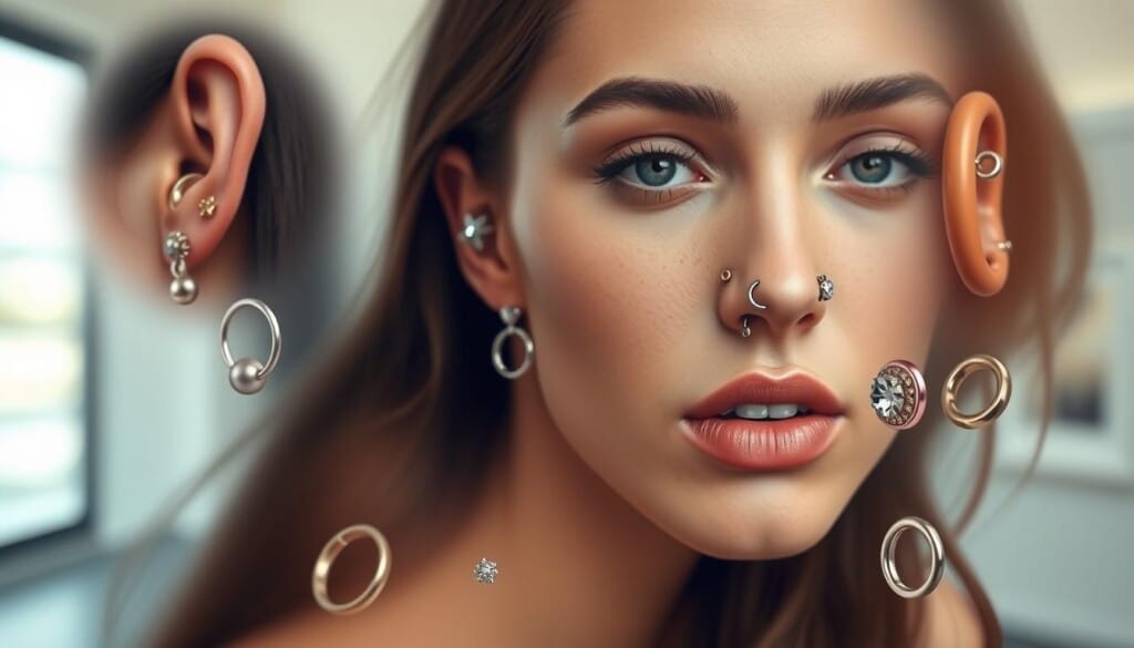 A visually captivating array of popular piercing trends, captured in a high-resolution photorealistic style. The foreground showcases a diverse collection of ear piercings, including delicate studs, sleek hoops, and intricate helix adornments. The middle ground highlights the allure of nostril and septum piercings, with intricate metal pieces accentuating the model's features. In the background, a subtle play of soft lighting and muted tones creates a serene, gallery-like atmosphere, allowing the piercings to take center stage. The overall composition exudes a sense of elegance, individuality, and the evolving nature of modern body art.