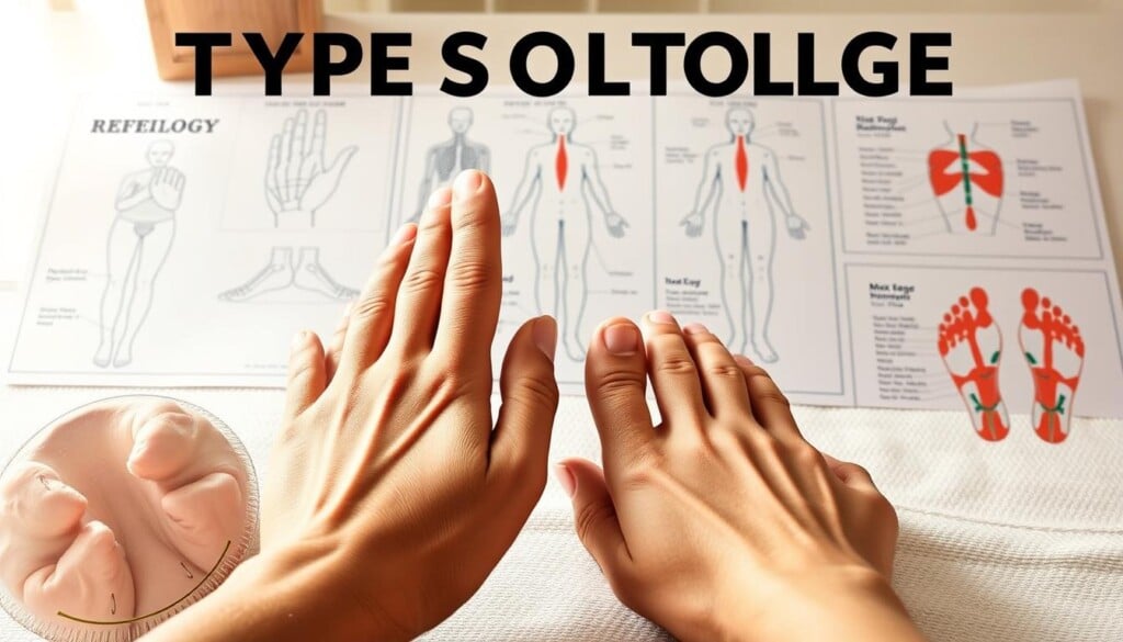 A visually compelling illustration showcasing the different types of reflexology. Prominently featured in the foreground are the hands and feet, with various pressure points and zones clearly delineated. The middle ground depicts detailed diagrams of the reflex maps, highlighting the connections between specific areas of the hands/feet and corresponding organs/systems in the body. The background features a tranquil, serene setting, perhaps a spa-like environment, to convey the calming and restorative nature of reflexology. Soft, diffused lighting illuminates the scene, creating a sense of balance and harmony. The overall composition should be visually striking and informative, effectively communicating the diverse approaches and techniques encompassed by the various types of reflexology.