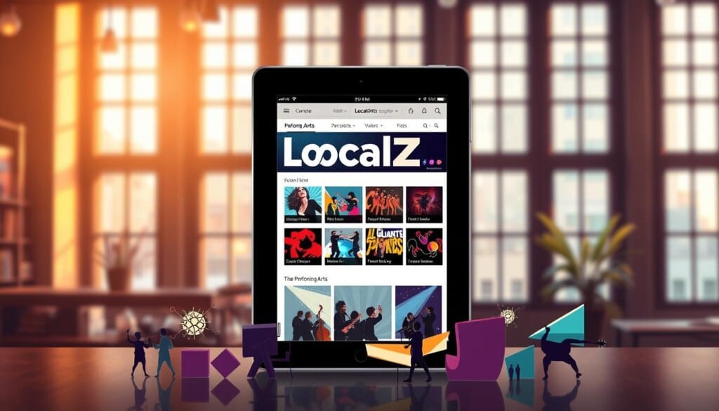 A visually striking and meticulously crafted illustration of the "LocalZ local arts directory" interface, showcasing its intuitive design and vibrant content. Set against a softly blurred urban backdrop, the app's homepage is displayed on a high-resolution tablet device, its clean lines and bold typography drawing the eye. Warm lighting filters through large windows, creating a welcoming and creative atmosphere. In the foreground, striking icons and images representing various local performing arts groups and events are prominently featured, inviting users to explore the diverse cultural offerings of the community. The overall scene conveys a sense of connection, discovery, and celebration of the vibrant local arts scene.
