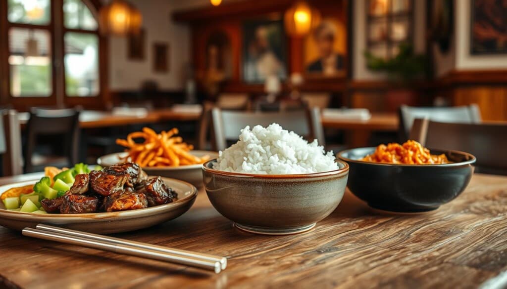 A visually striking composition of authentic Korean menu basics, captured in a warm, inviting atmosphere. In the foreground, an array of traditional dishes including bulgogi, japchae, and kimchi, artfully arranged on a rustic wooden table. The middle ground features a set of metal chopsticks and a ceramic bowl filled with fragrant, steaming rice. In the background, a softly blurred image of a cozy Korean restaurant interior, with hints of traditional decor and natural light filtering through. The overall scene conveys a sense of cultural authenticity and the welcoming ambiance of a quintessential Korean dining experience.