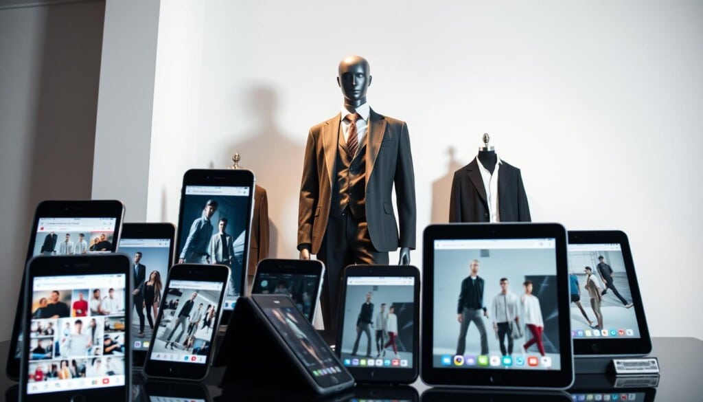 A visually striking scene of social media and fashion trends, captured in a clean, modern aesthetic. In the foreground, an array of smartphones and tablets showcase a collage of social media feeds, highlighting the latest fashion influencers and trending styles. The middle ground features a stylized mannequin adorned in a sleek, contemporary menswear ensemble, reflecting the impact of digital trends on physical garments. The background is a minimalist, white-walled studio setting, illuminated by soft, directional lighting that casts subtle shadows, emphasizing the interplay between technology and fashion. The overall composition conveys the dynamic relationship between social media, digital culture, and the evolution of men's clothing choices.