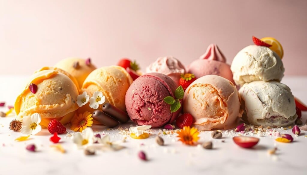 A visually stunning display of unique gelato creations, captured in a soft, ethereal light. In the foreground, a selection of vibrant, handcrafted gelato scoops in an array of unexpected flavors - from bold and fruity to subtle and creamy. The middle ground features an assortment of decorative elements, such as delicate edible flowers, shavings of chocolate, and glistening fruit garnishes, adding a touch of elegance. The background is a minimalist, pastel-toned backdrop, allowing the gelato to take center stage and captivate the viewer's senses. The composition is balanced, with clean lines and a focus on textures and colors that evoke a sense of artisanal craftsmanship and culinary innovation.