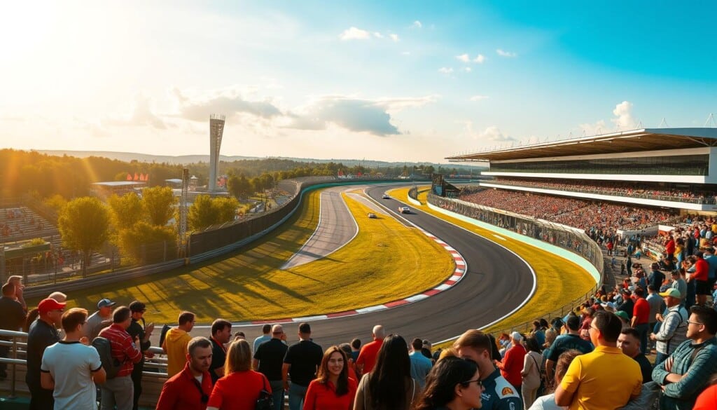 A visually stunning race track with a sleek, modern grandstand overlooking the circuit. In the foreground, race fans eagerly gather, dressed in vibrant motorsport attire, excitedly discussing the upcoming event. The middle ground features the pristine asphalt track, winding through lush, verdant landscapes, creating a sense of speed and anticipation. In the background, towering grandstands and a state-of-the-art pit area add to the high-octane atmosphere. Warm, golden sunlight cascades across the scene, casting long shadows and highlighting the gleaming race cars as they roar by. The overall mood is one of unbridled excitement, as visitors eagerly await the thrill of the race.