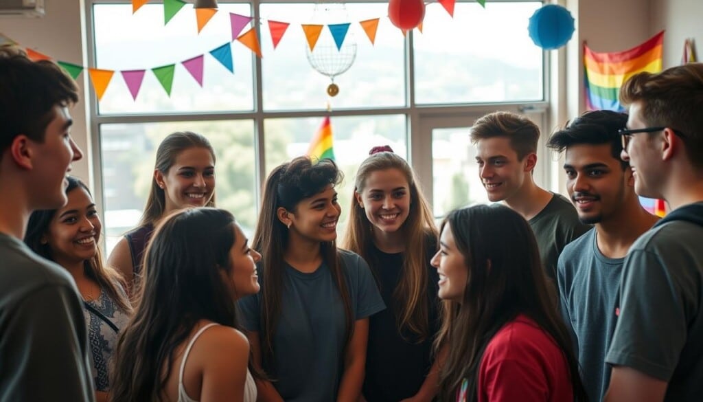 A warm and inclusive scene of LGBTQ+ youth gathering in a vibrant community center. In the foreground, a diverse group of teenagers engaged in a supportive discussion, their faces lit by soft, natural lighting. In the middle ground, colorful pride flags and celebratory decor adorn the walls, creating a welcoming atmosphere. The background features large windows overlooking a lush, urban landscape, hinting at the broader community beyond. The overall mood is one of camaraderie, acceptance, and a sense of belonging, inviting the viewer to imagine the transformative programs and resources available to LGBTQ+ youth.