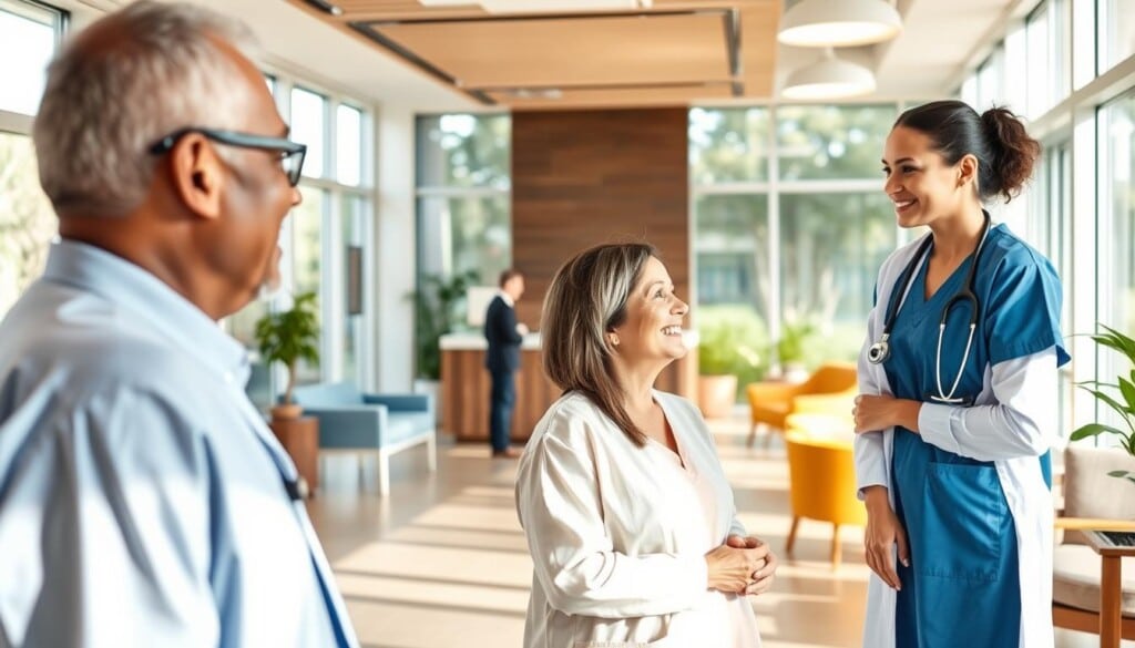 A warm and inviting healthcare facility, filled with natural light and modern furnishings. In the foreground, a patient and a healthcare professional engage in a friendly, empathetic conversation, their expressions conveying trust and understanding. The middle ground showcases a welcoming reception area, where patients are greeted with a sense of comfort and care. The background features a panoramic view of a serene, garden-like setting, promoting a holistic approach to well-being. The entire scene exudes a calming, reassuring atmosphere, highlighting the focus on personalized, patient-centric experiences within the health market.