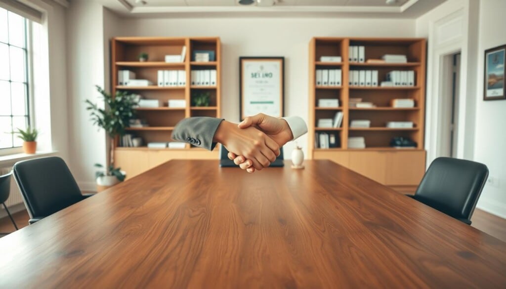 A warm and inviting office interior, with a large wooden desk at the center. On the desk, a handshake between a loan broker and a client, symbolizing the trust and transparency of their financial partnership. The room is bathed in soft, natural lighting from large windows, creating a sense of openness and professionalism. Behind the desk, shelves filled with financial documents and a framed certificate of the broker's credentials, instilling confidence in their expertise. The overall atmosphere conveys a secure, reliable, and personalized experience for the client, reflecting the importance of trust in the loan brokering process.