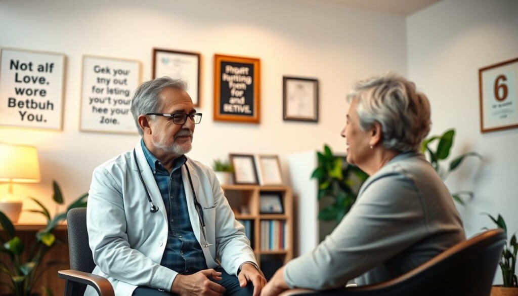 A warm and inviting office setting, with a psychiatrist in the foreground listening intently to a patient, their expressions conveying understanding and compassion. The middle ground features motivational quotes and certificates on the walls, hinting at the psychiatrist's expertise and success. The background is softly lit, creating a calming atmosphere, with plants and bookshelves suggesting a nurturing, professional environment.