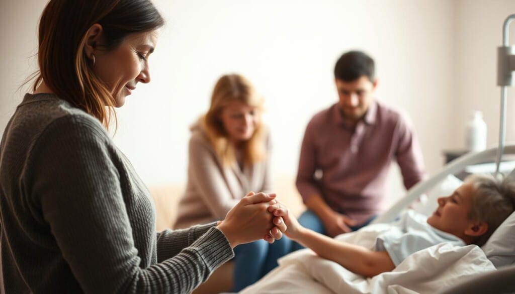 A warm and tender scene in a hospice setting, with a family gathering around the bedside of a loved one. The foreground features a family member holding the patient's hand, their faces expressing a mix of sorrow and comfort. In the middle ground, other family members sit or stand nearby, offering support and a quiet presence. The background is softly lit, with muted tones and a sense of serenity, conveying the care and compassion of the hospice environment. The overall mood is one of solace and connection, capturing the crucial role of family in providing solace and support during this delicate time.