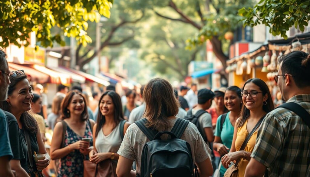 A warm and vibrant community gathering, with people of diverse backgrounds engaged in lively conversation and shared activities. The foreground features a mix of locals and travelers, smiling and interacting with genuine interest, their body language conveying a sense of connection and camaraderie. The middle ground showcases local artisans and vendors, their handcrafted wares and authentic culinary offerings on display. In the background, a bustling street scene with colorful buildings, lush foliage, and a sun-dappled atmosphere, creating an immersive and inviting atmosphere. Soft, diffused lighting casts a golden glow, enhancing the sense of warmth and togetherness. The overall composition evokes a spirit of cultural exchange, shared experiences, and meaningful connections forged through travel.