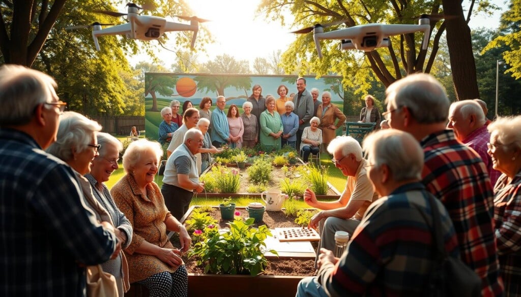 A warm and vibrant scene of community engagement among senior citizens. In the foreground, a diverse group of elderly people gathered in a park, engaged in lively conversation, laughter, and shared activities like playing chess or cards. In the middle ground, a community garden where seniors tend to plants and flowers, fostering a sense of purpose and connection. In the background, a vibrant mural depicting scenes of intergenerational unity and the exchange of wisdom. Soft, natural lighting filters through the trees, creating a tranquil and inclusive atmosphere. Overhead, a drone camera captures the scene, highlighting the importance of social interaction and meaningful engagement for the well-being of the elderly.