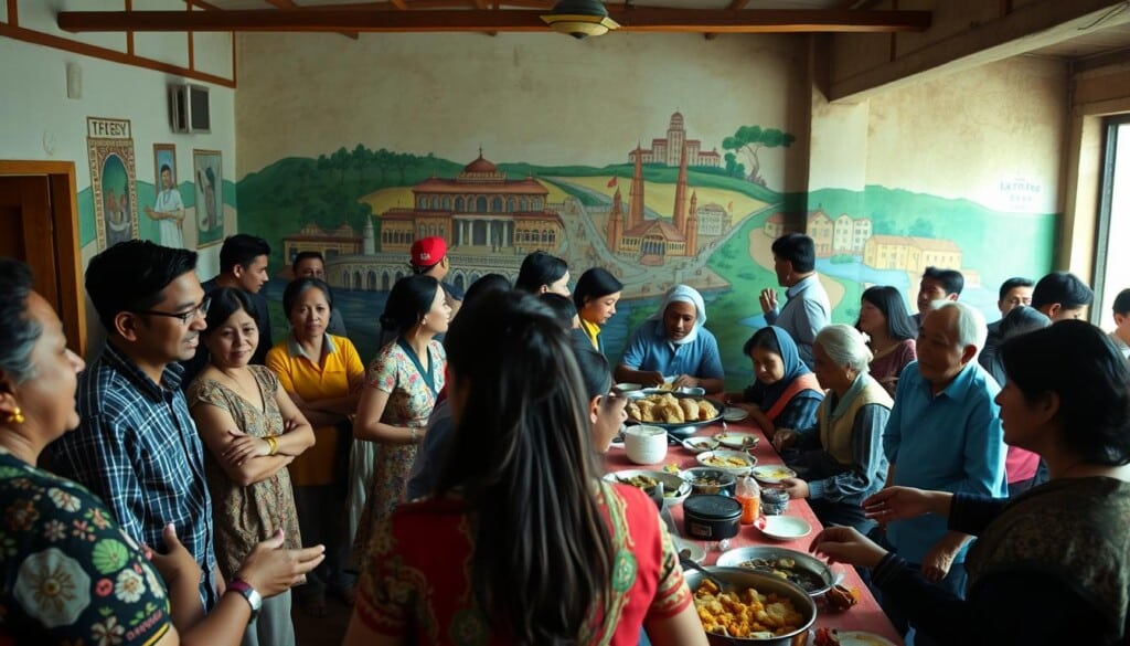 A warm and welcoming community gathering, captured in a vibrant, candid scene. In the foreground, a diverse group of people engage in lively conversation, their expressions animated and their body language open. Mid-ground, families and friends share a meal together, tables laden with homemade dishes. In the background, a mural depicting local landmarks and cultural traditions adorns the wall, creating a sense of place and belonging. The lighting is soft and natural, casting a gentle glow over the entire scene. A feeling of inclusivity, camaraderie, and shared experiences pervades the atmosphere, reflecting the spirit of community engagement and support.