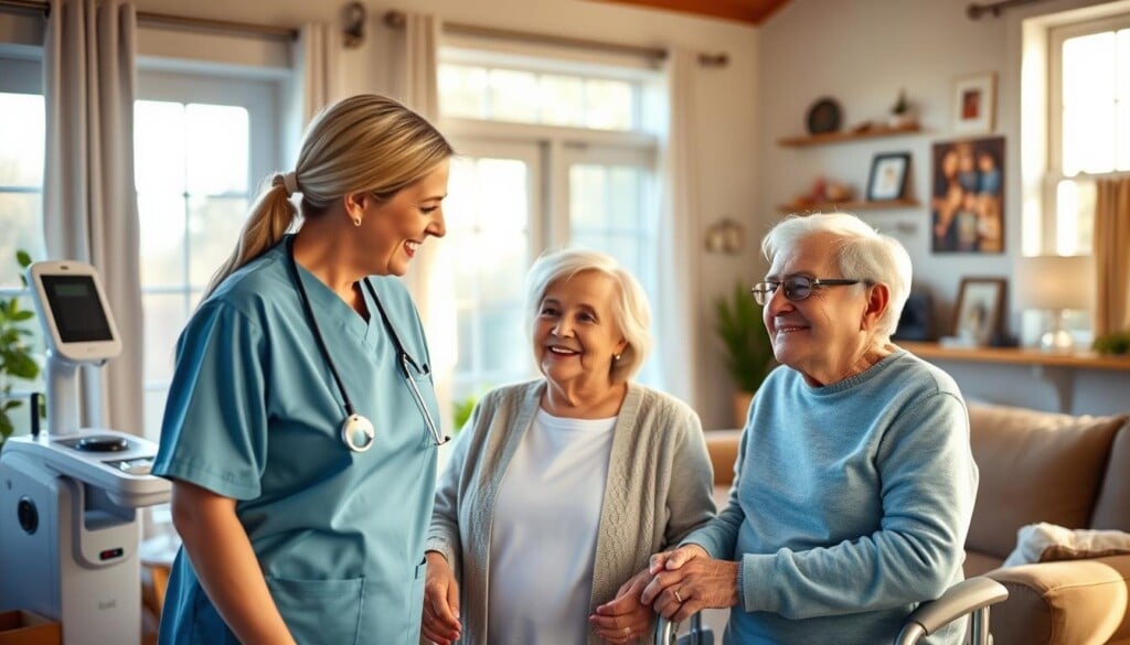 A warm and welcoming home interior, filled with natural light streaming through large windows. In the foreground, a senior couple is being assisted by a compassionate home health aide, their expressions content and at ease. The middle ground showcases modern, ergonomic medical equipment seamlessly integrated into the cozy living space. In the background, family photos and personal mementos adorn the walls, creating a sense of familiarity and comfort. Soft, diffused lighting casts a soothing glow, evoking a tranquil, nurturing atmosphere. The scene conveys the idea of LocalZ, a service that connects communities with personalized, high-quality home health care tailored to individual needs.