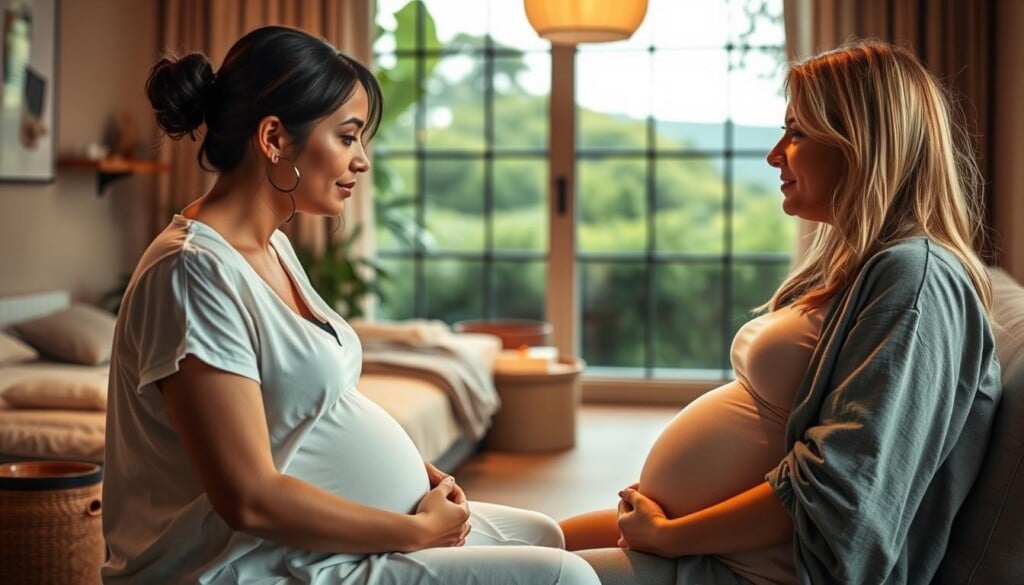 A warm, intimate scene of a midwife providing personalized care to a pregnant woman. In the foreground, the midwife sits beside the expectant mother, holding her hand and making eye contact, conveying a sense of calm, attentive support. The middle ground showcases a cozy, well-appointed birthing suite, with soft lighting, natural textures, and soothing colors that create a spa-like atmosphere. In the background, a large window frames a lush, verdant landscape, evoking a sense of tranquility and connection to nature. The overall mood is one of trust, comfort, and the nurturing, individualized attention that exemplifies the midwifery approach to maternal healthcare.
