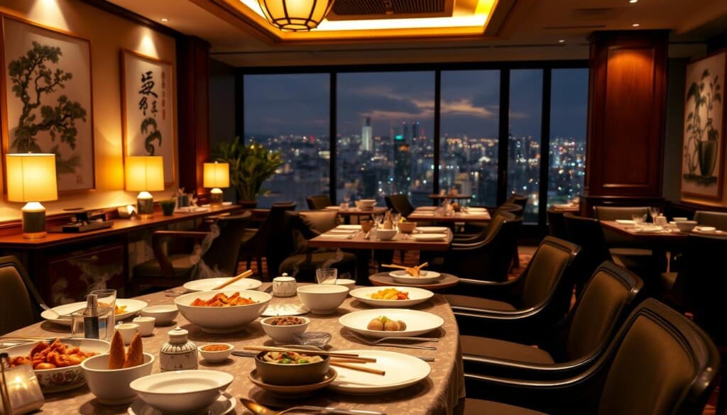 A warm, inviting Cantonese dining scene with a sophisticated yet relaxed ambiance. In the foreground, a lavishly set table adorned with delicate porcelain dishes, chopsticks, and delectable Cantonese dishes, their aromas wafting through the air. The middle ground features elegant wooden furniture, dim lighting, and calming Chinese artwork on the walls. In the background, a panoramic view of a bustling city skyline, hinting at the restaurant's urban setting. The overall mood is one of elegance, enjoyment, and a celebration of Cantonese culinary traditions. Soft, diffused lighting casts a golden glow, creating a welcoming and immersive dining experience.