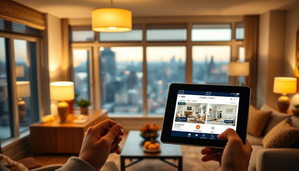 A warm, inviting apartment interior with a cozy living room showcasing the LocalZ app on a tablet or smartphone. The room has large windows offering a pleasant city view, with soft lighting from table lamps casting a comforting glow. Tasteful furnishings and decor create a welcoming ambiance. In the foreground, a person is interacting with the LocalZ interface, browsing apartment listings. The middle ground features apartment floorplans, rental details, and icons indicating LocalZ's features like location-based search, virtual tours, and renter reviews. The background depicts a cityscape with recognizable landmarks, hinting at the app's ability to find local rentals. The overall scene conveys the ease and convenience of using LocalZ to find the perfect apartment.