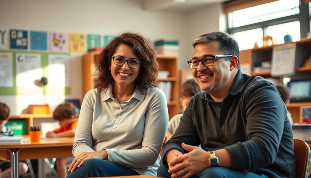 A warm, inviting classroom setting with a special education teacher collaborating closely with a parent. The foreground features the teacher and parent sitting side-by-side, their expressions conveying a sense of partnership and mutual understanding. The middle ground shows students engaged in various learning activities, while the background depicts educational resources and assistive technology. Soft, natural lighting creates a calming atmosphere, emphasizing the importance of open communication and shared decision-making in supporting a child's educational journey.