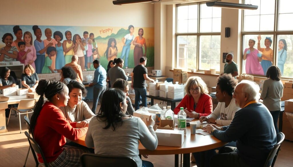 A warm, inviting community center bustling with activity. In the foreground, a group of diverse people, young and old, gathered around a table engaged in a lively discussion. Soft, natural lighting filters through large windows, casting a cozy glow over the scene. In the middle ground, volunteers sort donations and prepare care packages to be distributed to local families in need. The background showcases vibrant murals depicting scenes of unity, empowerment, and togetherness. An atmosphere of camaraderie, compassion, and a shared sense of purpose permeates the space, reflecting the community's commitment to supporting one another.