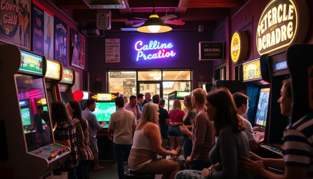 A warm, inviting community gathering at a vibrant local arcade, featuring a diverse group of people of all ages engaged in classic games and lively conversation. The foreground showcases the arcade's retro-inspired aesthetic, with neon-lit cabinets, vintage posters, and a cozy lounge area. In the middle ground, patrons are seen playing together, their faces lit by the soft glow of the screens, creating a sense of shared nostalgia and camaraderie. The background features the arcade's exterior, with a welcoming storefront and a lively street scene, conveying the integration of the arcade within the local community. The overall mood is one of togetherness, inclusivity, and the power of shared experiences in reviving the spirit of neighborhood arcades.