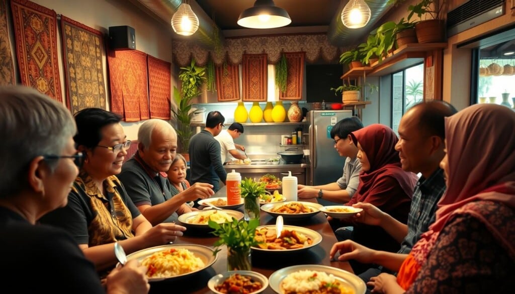 A warm, inviting community gathering in a cozy, neighborhood Indonesian restaurant. In the foreground, a group of local residents animatedly discussing menu items and sharing plates of flavorful nasi goreng and soto ayam. The middle ground features the vibrant, bustling open kitchen, where skilled chefs expertly prepare traditional dishes. In the background, decorative batik hangings and potted plants create a rich, cultural ambiance. Soft, diffused lighting casts a welcoming glow, evoking a sense of togetherness and shared experience. The overall scene reflects the restaurant's commitment to engaging with the local community and celebrating the flavors and traditions of Indonesian cuisine.